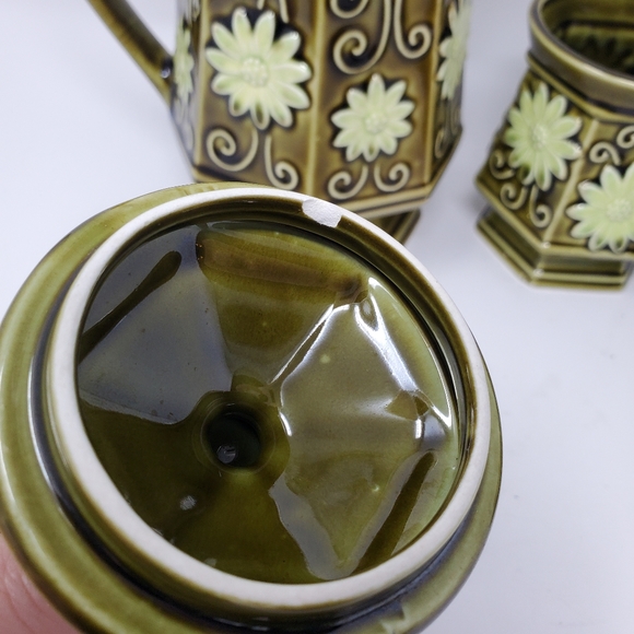 VTG 1960s Avocado Green Hexagon Ceramic Daisy Tea Set, from Japan - Picture 5 of 5